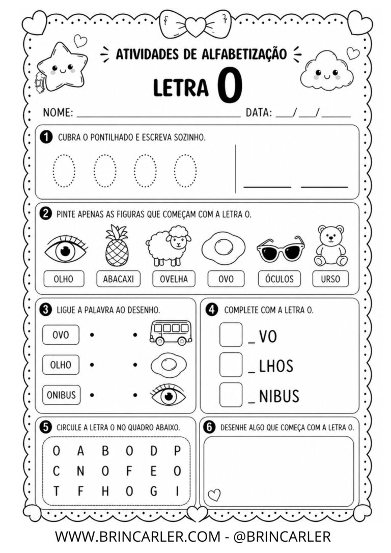 Atividades para Educação Infantil: Atividade de Alfabetização Letra O 3 5 1